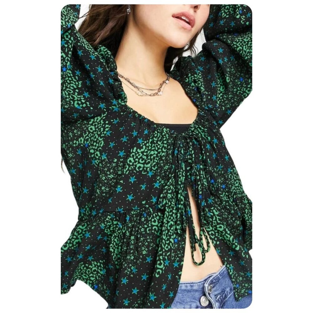 !! Topshop Green Mix Print Tie-Front Long Sleeve Top sz US 4 - Picture 4 of 10